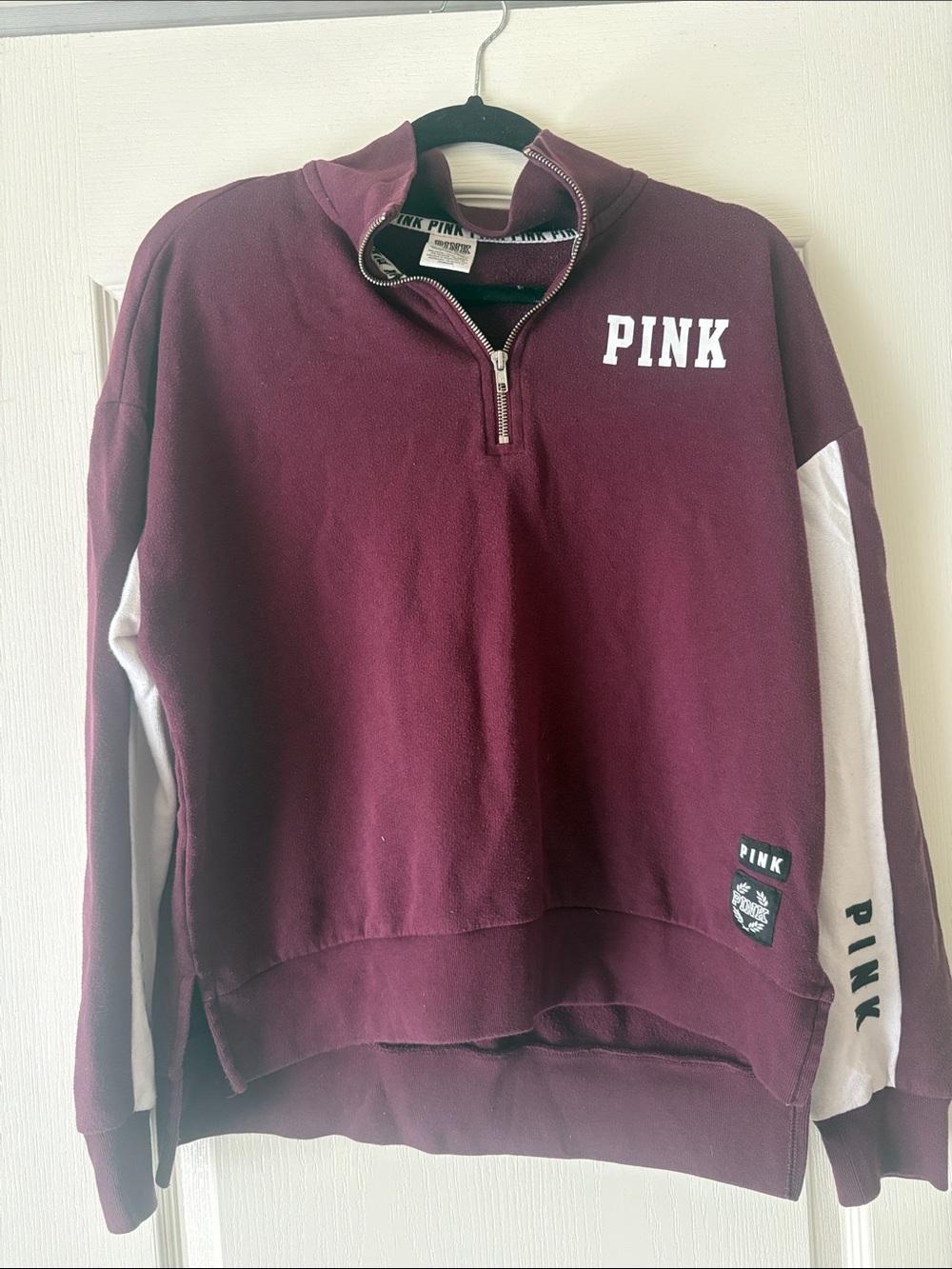 PINK Victoria's Secret Maroon Half-Zip Sweatshirt with White Sleeve Panels